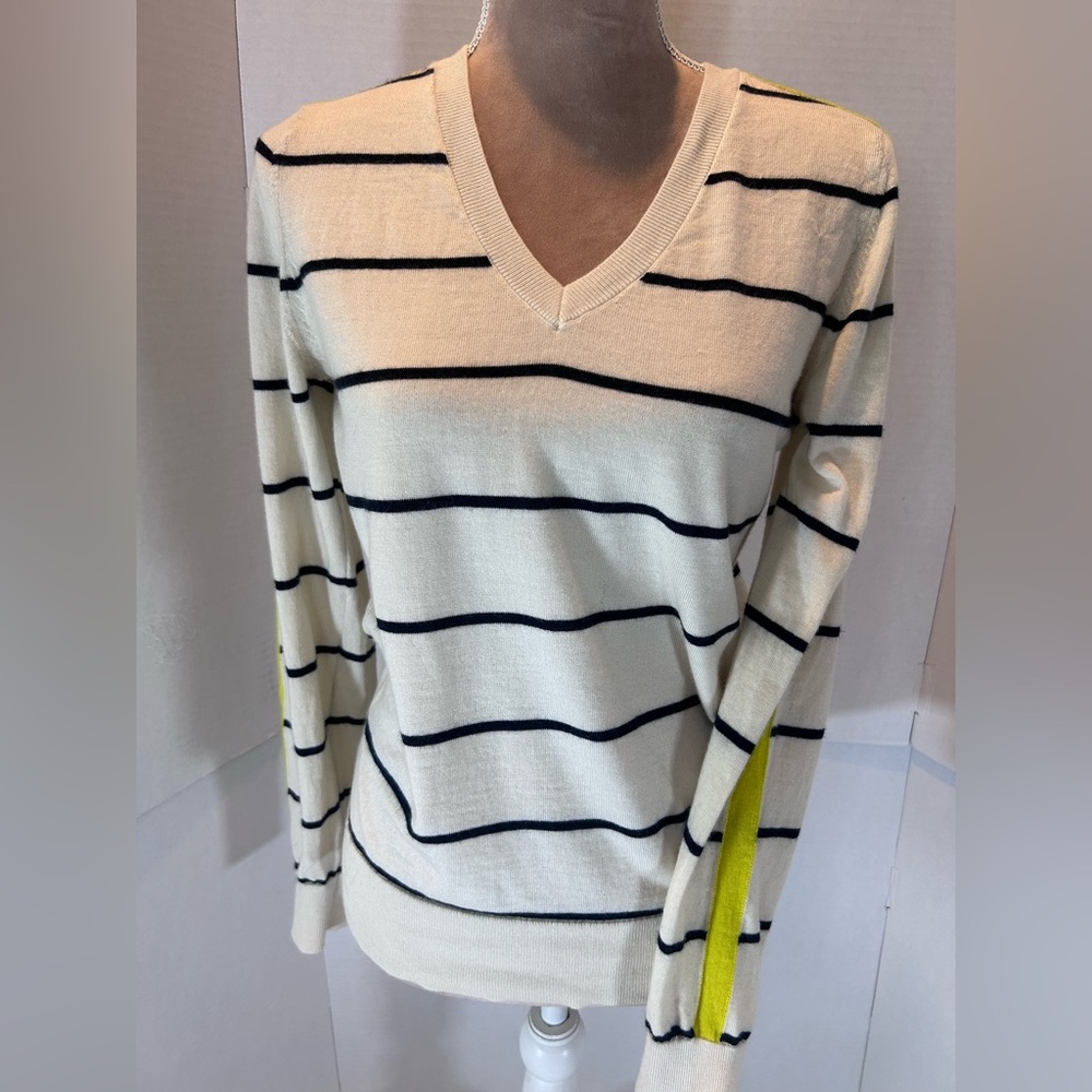 Banana Republic Cream V-Neck Sweater with Navy Stripes and Yellow Accent